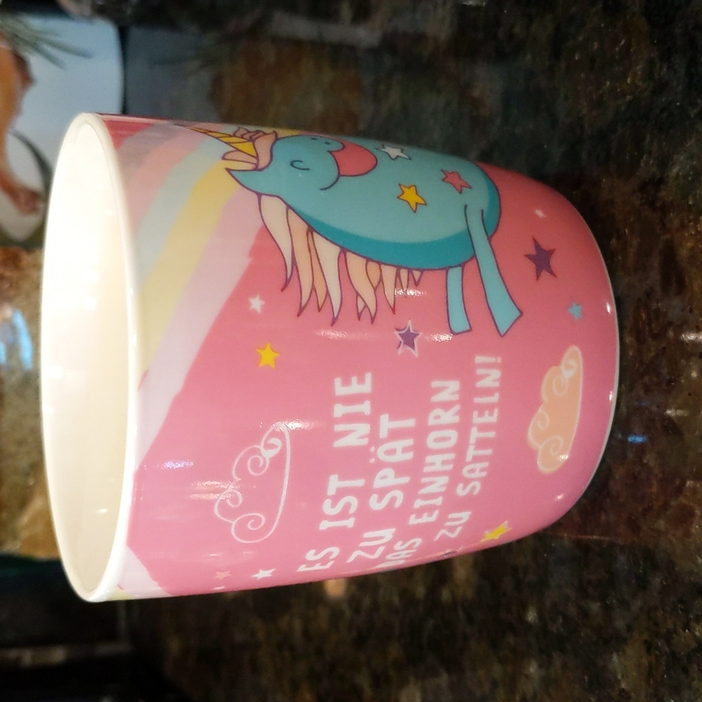 NaNa Unicorn Mug Cup Pastels German Es ist nie zu spät das einhorn zu satteln!